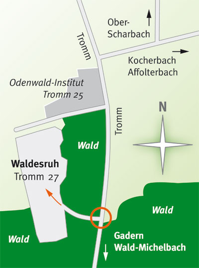 Handgemalte Übersichtskarte der Tromm mit Lage des Campingplatzes Waldesruh
